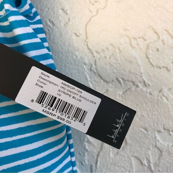 NICOLE MILLER One Piece Stripe Off Shoulder Ruffle Swim Bathing Suit Size 10 - Picture 6 of 9